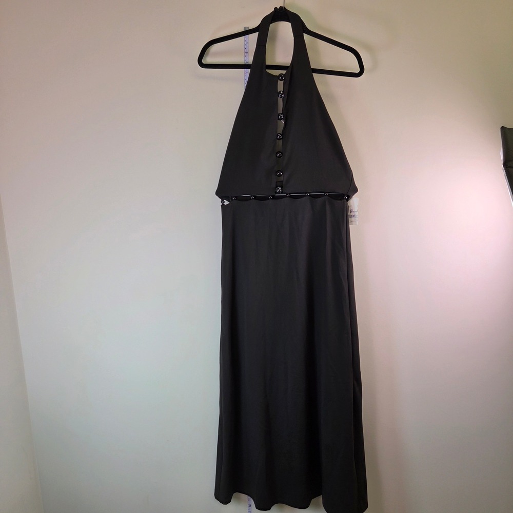 Grand Street Studios Black Halter Maxi Dress Beaded Waist Cutout Size L NEW
